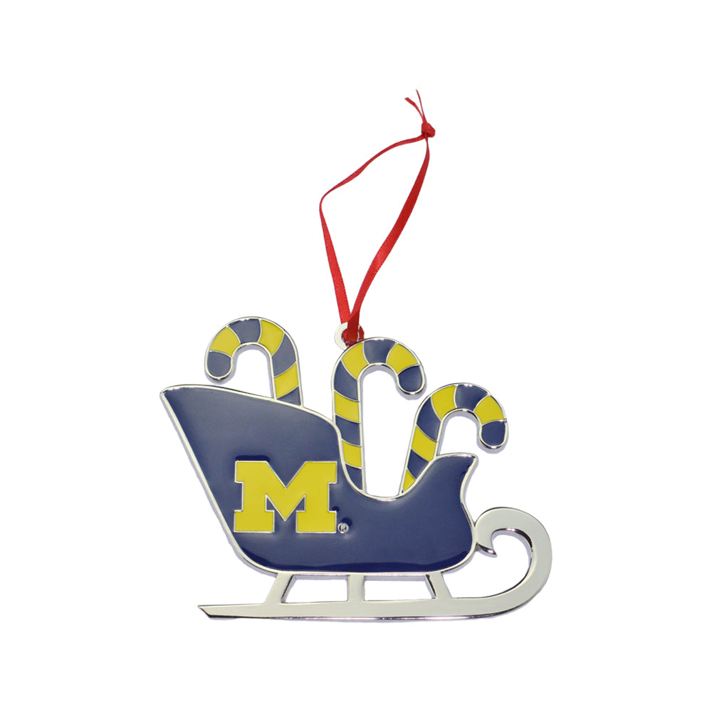 Michigan Wolverines Candy Cane Sleigh Christmas Ornament COLLEGIATEPULSE michigan-wolverines-candy-cane-sleigh-christmas-ornament-collegiatepulse