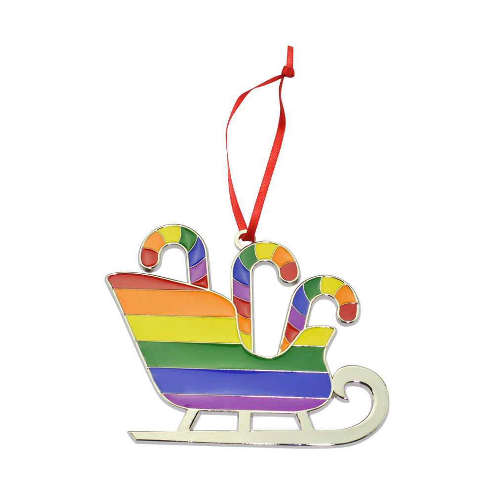 Gay Pride Candy Cane Sleigh Christmas Ornament