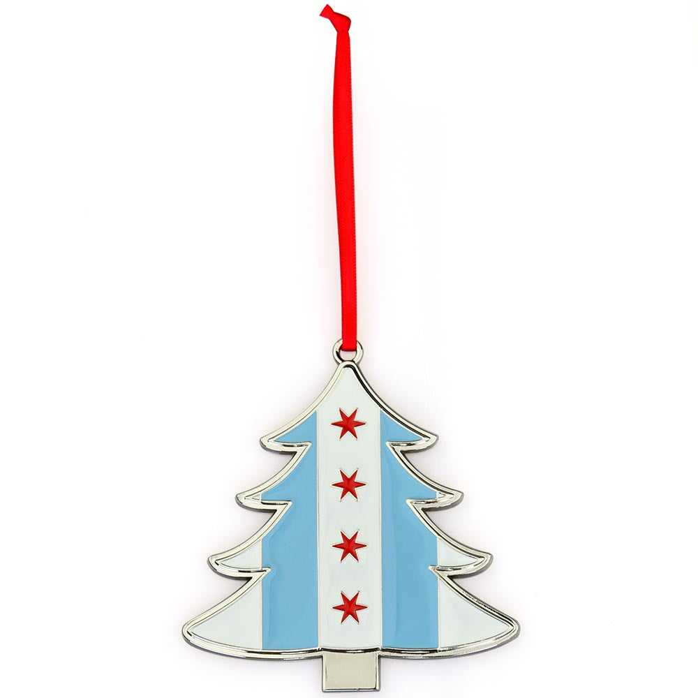 City of Chicago Flag Tree Shaped Metal Christmas Ornament